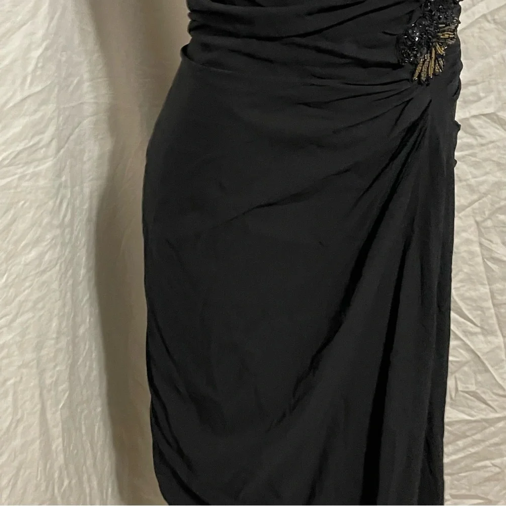 Badgley Mischka Collection black silk strapless ruched side sequin fitted dress - Picture 4 of 13